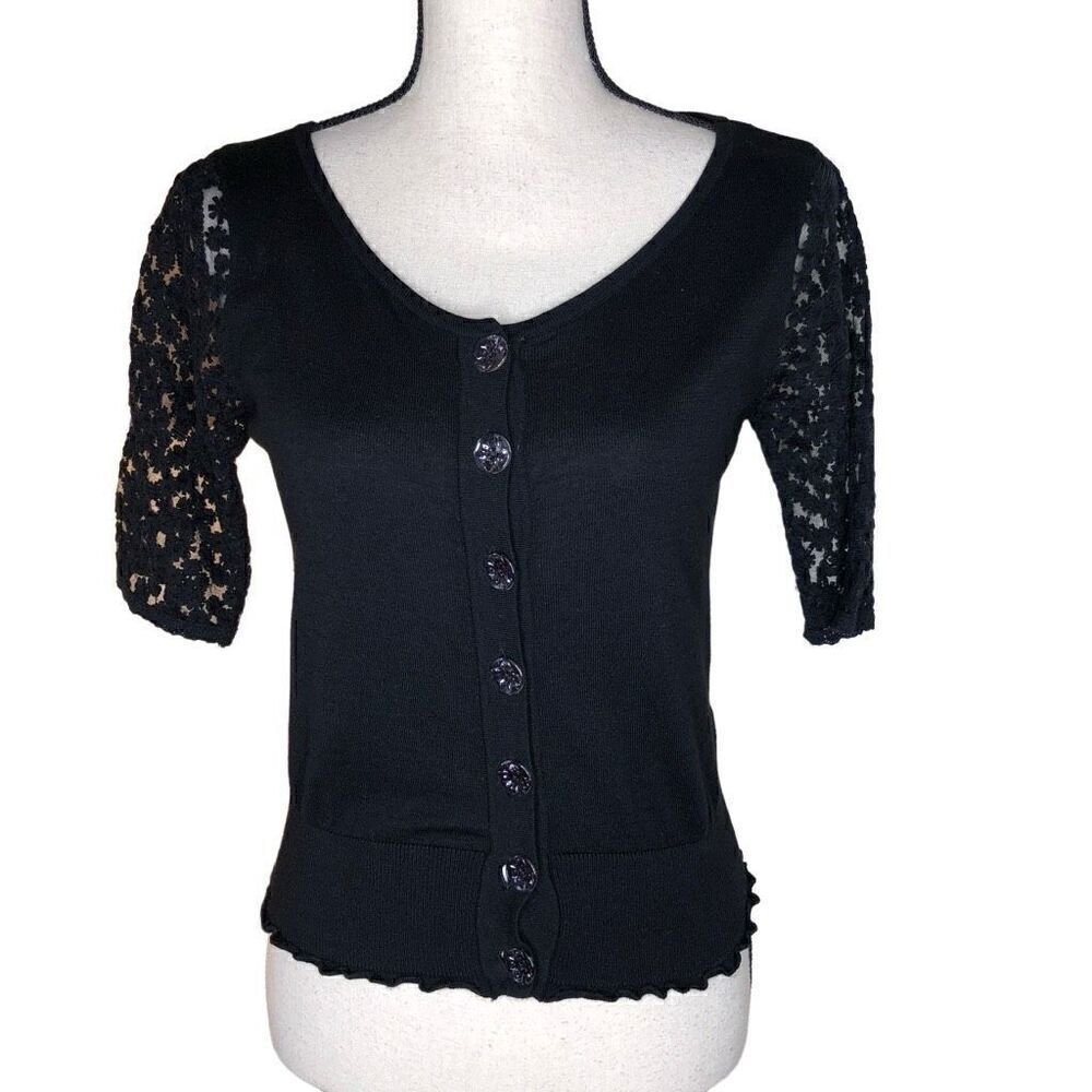 August Silk Black Lace Sleeve Lettuce Hem Sweater, Dark Academia Size S